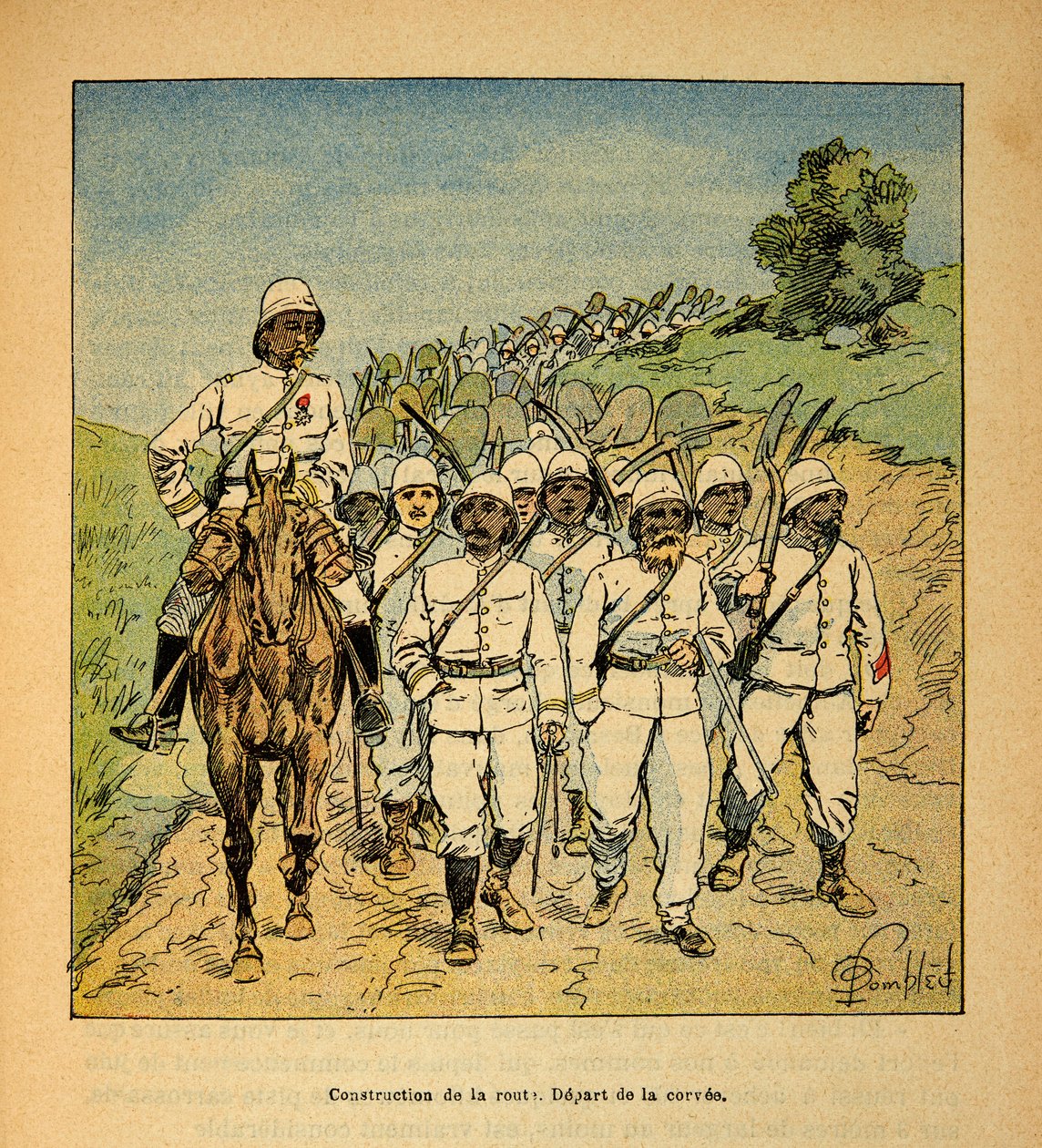 Válka na Madagaskaru - neoficiální historie francouzských expedic 1885-1895 od Henri Galli dit Galllichet (1854-1922), ilustrovaný Louisem Bombledem (1862-1927): Stavba silnice na Madagaskaru, začátek davu, soukromá sbírka od Louis Charles Bombled