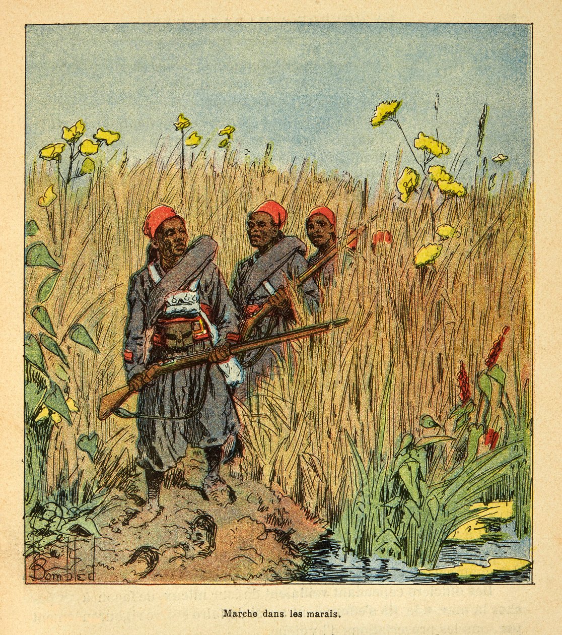 Válka na Madagaskaru-neoficiální historie francouzských expedic 1885-1895 Henri Galli dit Galllichet (1854-1922), ilustrovaný Louisem Bombledem (1862-1927): Francouzské jednotky na expedici v močálech na Madagaskaru v roce 1895, soukromá sbírka od Louis Charles Bombled