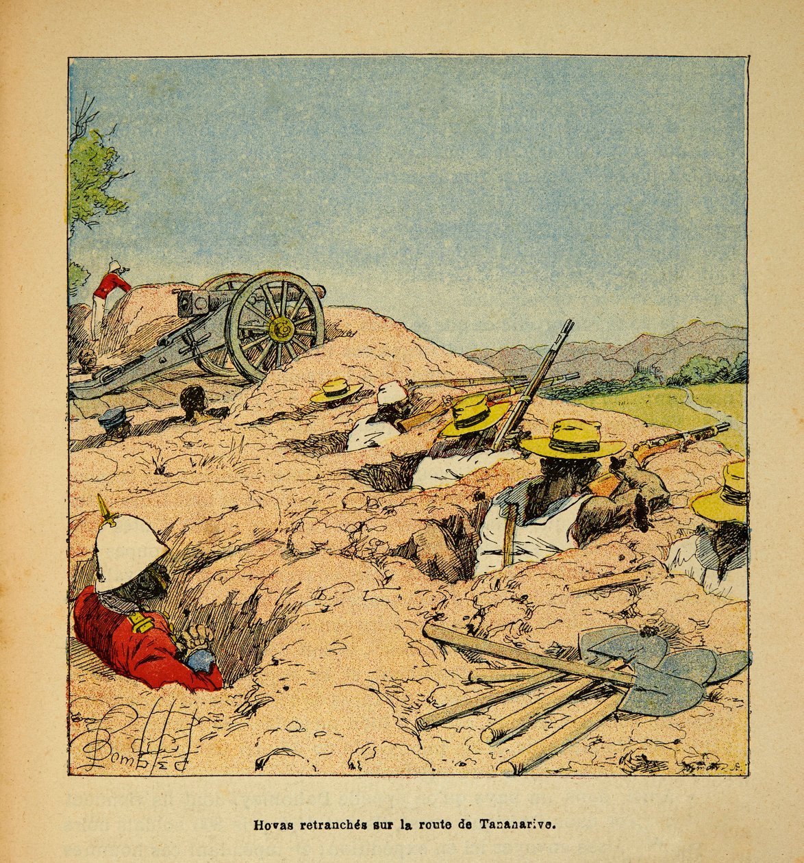 Válka na Madagaskaru-neoficiální historie francouzských expedic 1885-1895 Henri Galli dit Galllichet (1854-1922), ilustrovaný Louisem Bombledem (1862-1927): Zákopy Hovasovy skupiny na cestě do Tannarive v roce 1895, Soukromá sbírka od Louis Charles Bombled