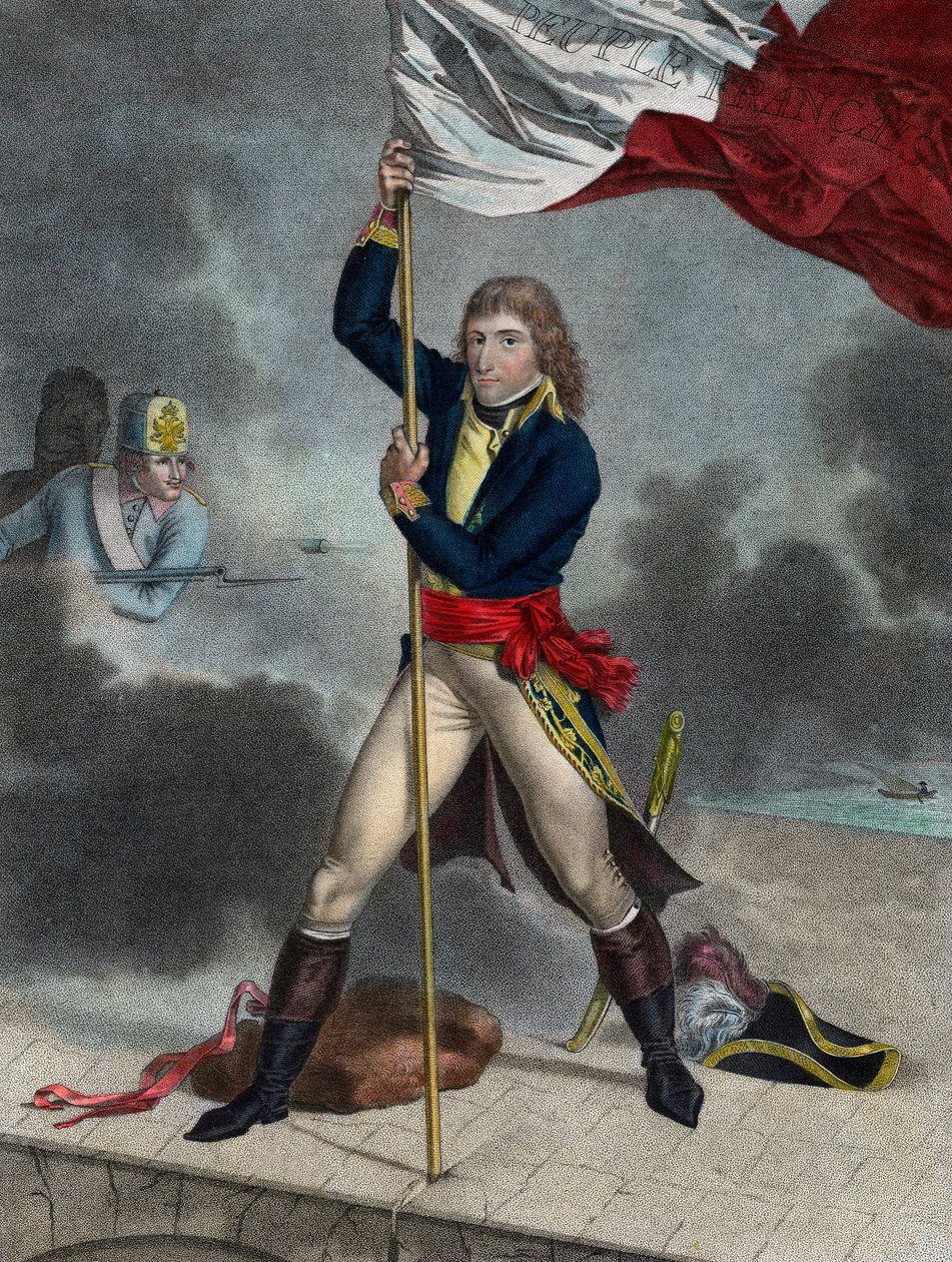 Napoleon Bonaparte během bitvy u mostu Arcole (Arcola), listopad 1796 - Buonaparte General en Chief of the Armee of Italy zavěšuje vlajku na most Arcole v roce 1796 - rytina Louis Charles Ruotte od Louis Charles Ruotte