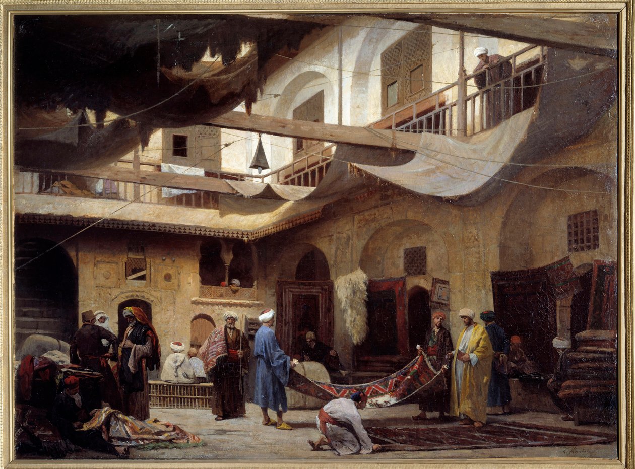 Kobercový bazar v Khan-Khabil v Káhiře v roce 1866. Obraz Louis Claude Mouchot (1830-1891) od Louis Claude Mouchot