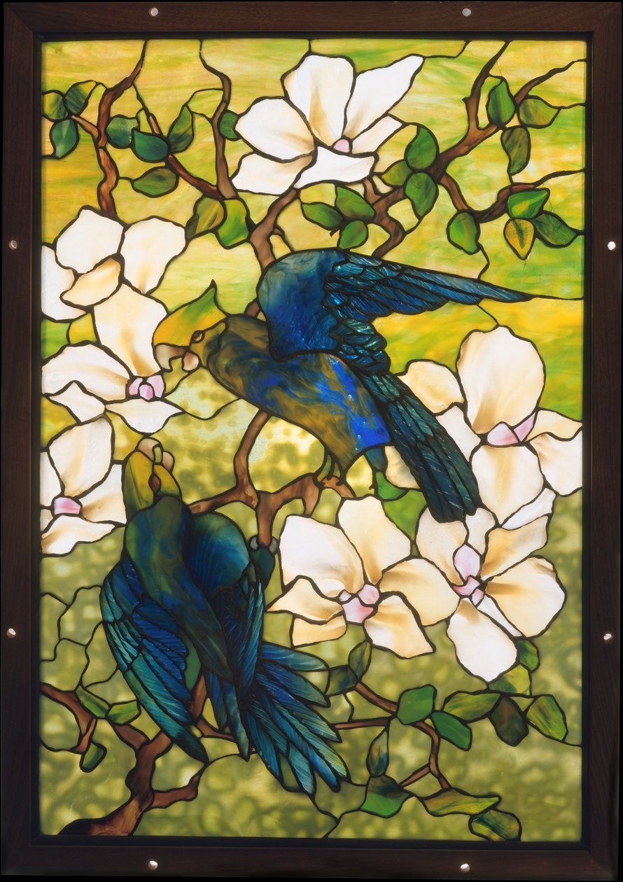 Ibišek a papoušci, kolem 1910-20 (olovnaté křehké sklo) od Louis Comfort Tiffany