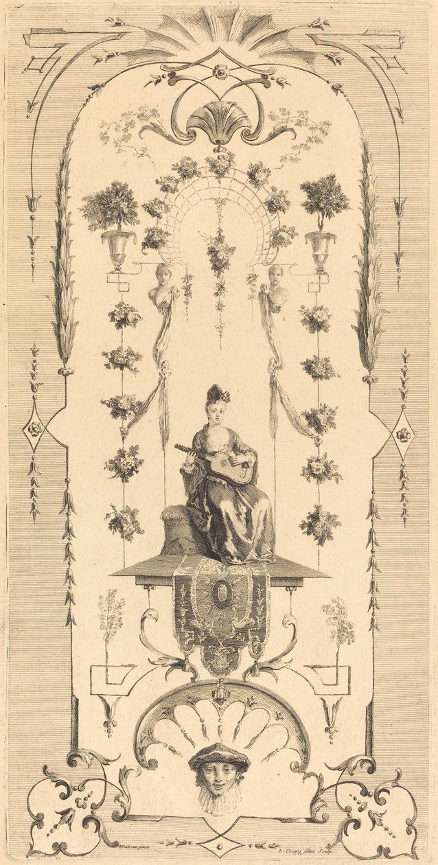 Sedící žena hrající na kytaru od Louis Crépy after Antoine Watteau