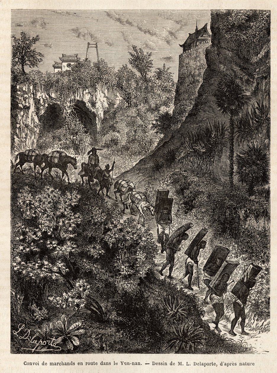 Konvoj obchodníků a jejich nosičů na cestě do Yunnanu (Čína), vyrytý podle kresby L.Delaporteho, pro ilustraci průzkumné cesty v Indočíně od Francise Garniera, poručíka lodi, v letech 1866-1868, publikované v „“ Le tour du monde”” 187 od Louis Delaporte