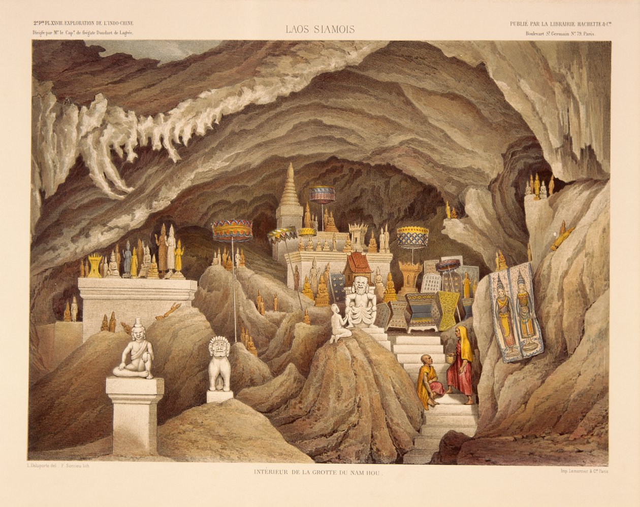 Interiér jeskynního chrámu v Laosu, tisk F. Sorrieu, ilustrace z „Exploratory Voyage in Indo-China during years 1866, 1867 and 1868“ od Francise Garniera a Ernesta Doudarta de Lagree, str. od Louis Delaporte