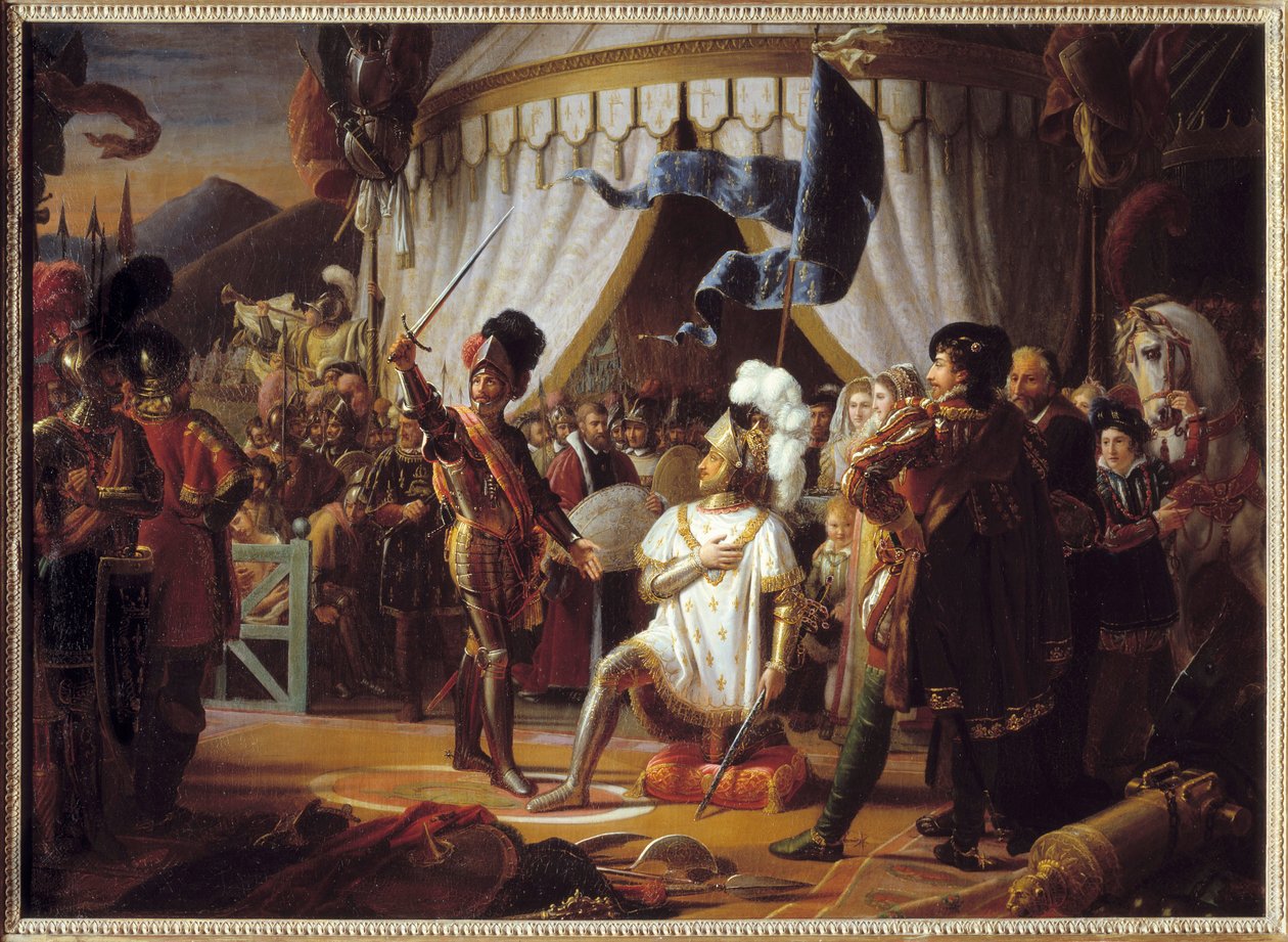 František I. Francouzský žádá, aby byl rytířem Bayardem pasován na rytíře po vítězství v bitvě u Marignana, Itálie, 1515 - od Louis Ducis