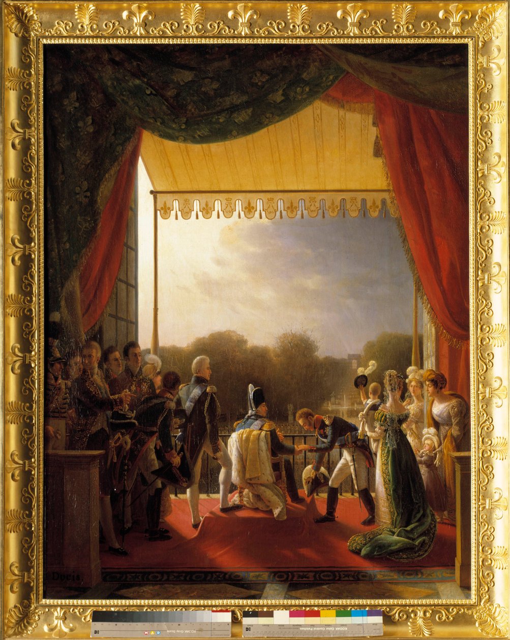 Ludvík XVIII., obklopený členy královské rodiny, navštívil balkon Tuileries, po návratu španělské armády, 2. prosince od Louis Ducis
