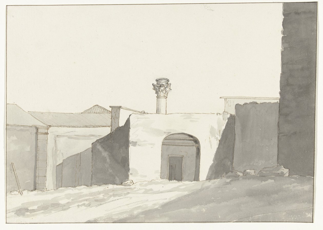 Antieke zuil en gebouwen v přístavu van Brindisi Vzdálený pohled na antický sloup [na přístav Brindisi] Cesty po Itálii, Sicílii a Maltě - 1778 (název série) od Louis Ducros
