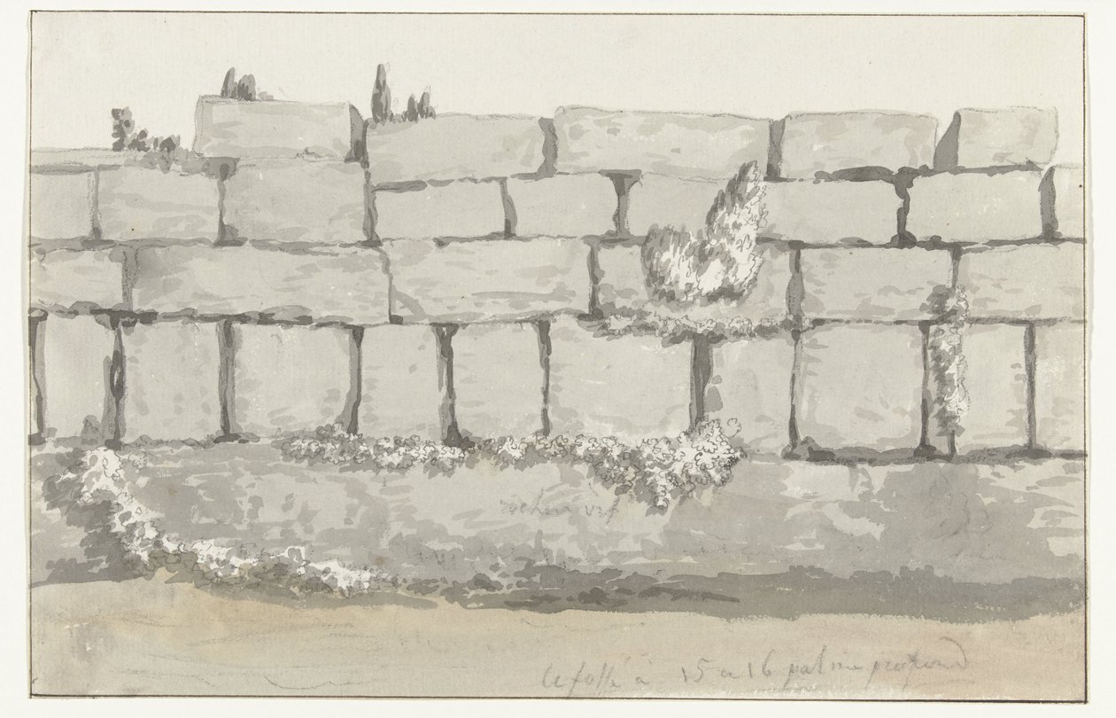Exteriér vnější zdi starověkého chrámu ve starověkém městě Manduria Struktura exteriéru mur exteriéru láncienne Mandurie Voyage en Italy a Sicile et à Malte - 1778 (název série) od Louis Ducros
