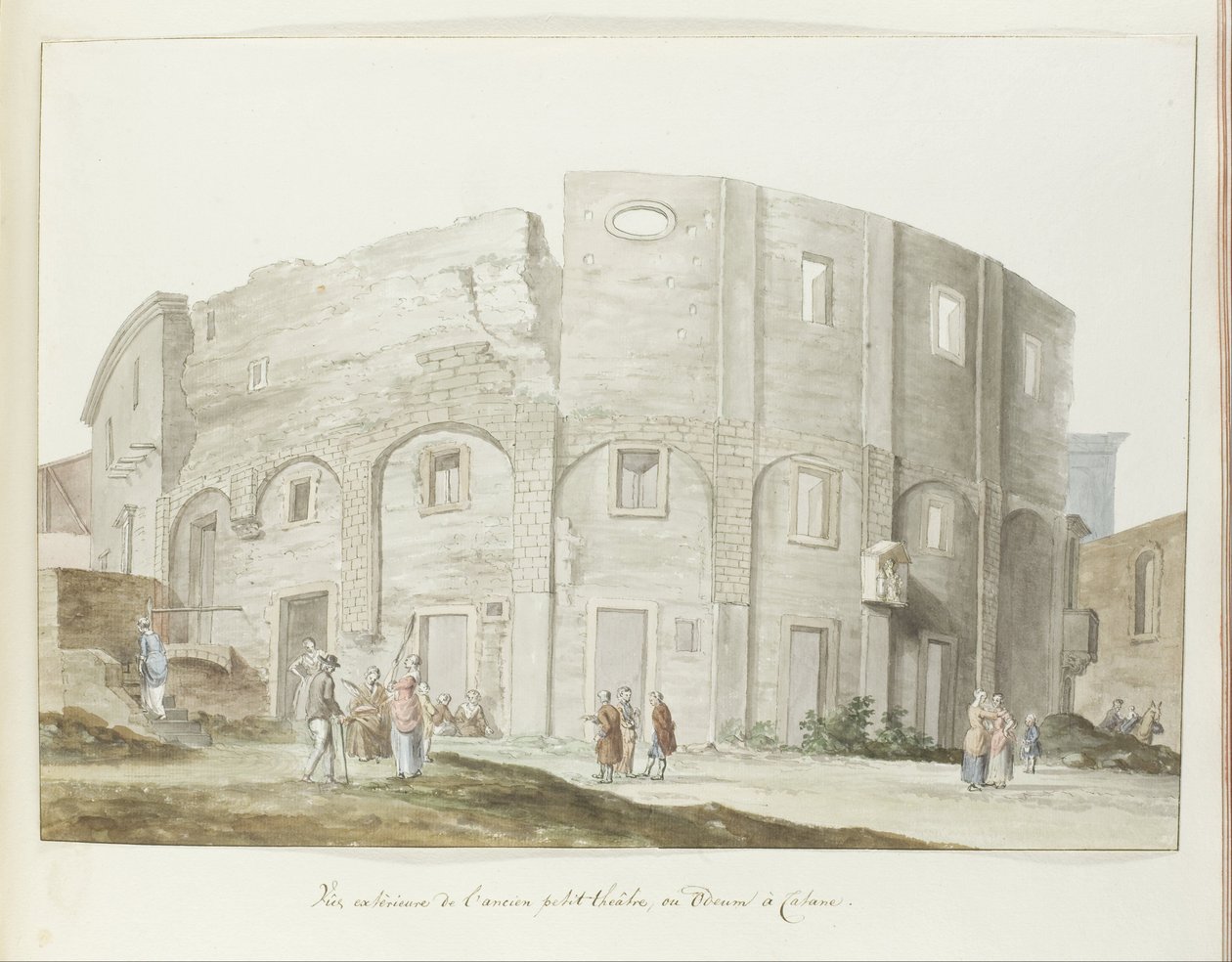 Buitenmuur van oude divadlo van Catanië Vnější pohled na staré malé divadlo nebo Odeum v Catanii (název na objektu) Cesty po Itálii, Sicílii a Maltě - 1778 (název série) od Louis Ducros