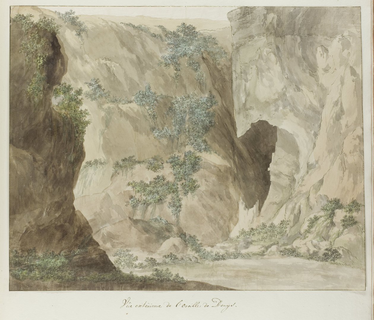 Buitenwand van de grot Dionysiovo ucho Vnější pohled na Dionýsovo ucho (titul na předmětu) Cesty po Itálii, Sicílii a Maltě - 1778 (název série) od Louis Ducros