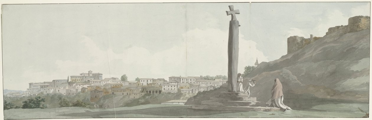 Gezicht op Arriano en monument, zogenaamde altaar van Janus Pohled na město Arriano (Equotuticum), starověký monument zvaný Ianův oltář a zničenou pevnost (název na předmětu) Cesty po Itálii, Sicílii a Maltě - 1778 (název série) od Louis Ducros
