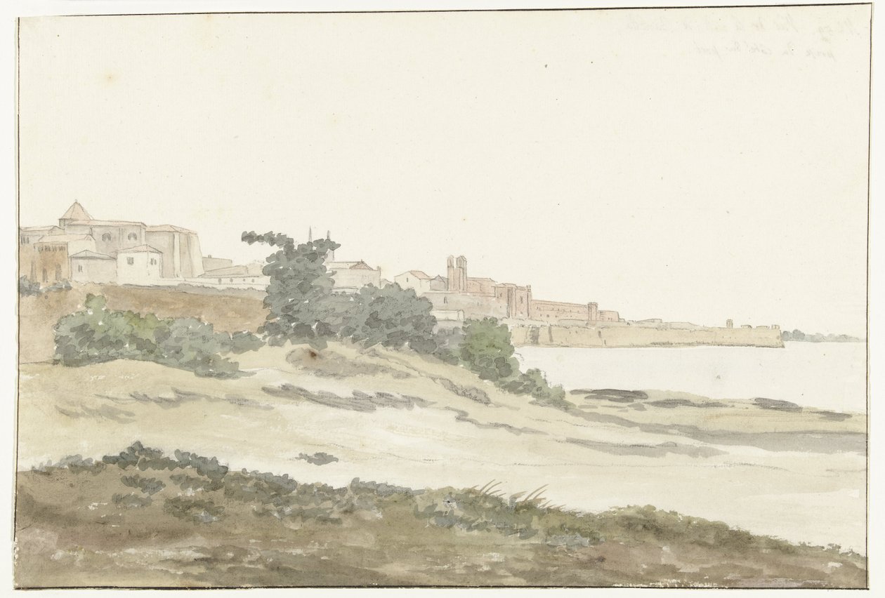 Gezicht op Barletta gelegen aan de kust Pohled na město Barletta z mořského pobřeží (název na objektu) Cesty po Itálii, Sicílii a Maltě - 1778 (název série) od Louis Ducros