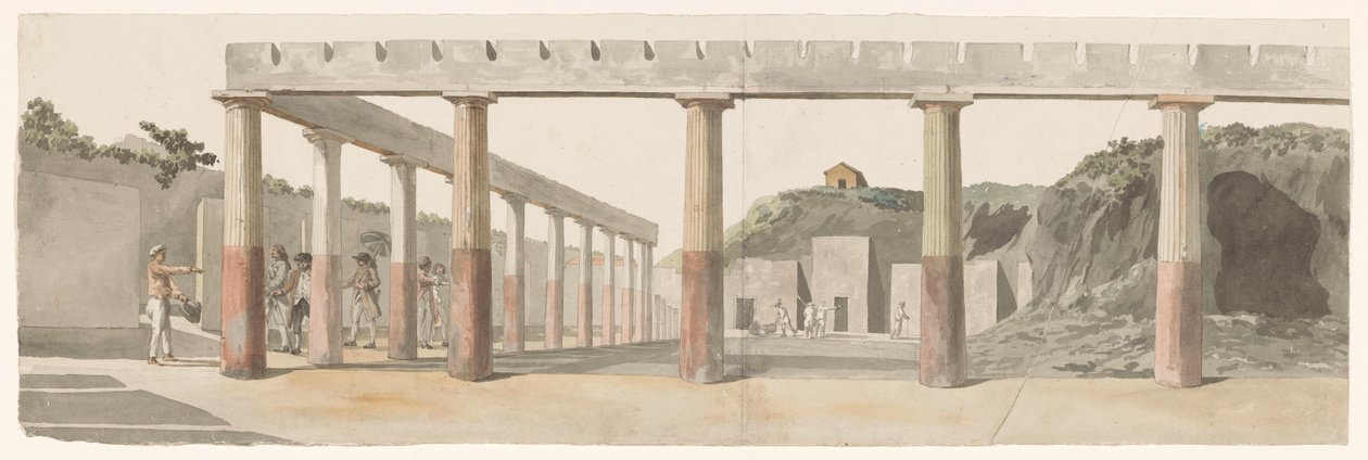 Pohled na římská kasárna a kolonádu v Pompejích Vue des Casernes Romaines & de la Colonnade de Pompeja (název na objektu) Voyage en Italy a Sicile et à Malte - 1778 (název série) od Louis Ducros