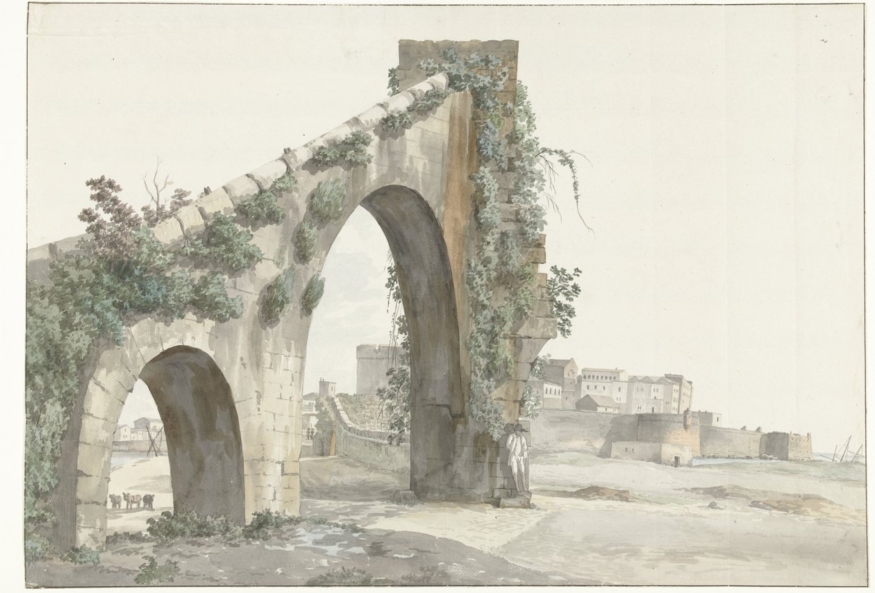 Umístění akvaduktu ve městě Taranto Pohled na akvadukt a město Taranto (název na objektu) Cesty po Itálii, Sicílii a Maltě - 1778 (název série) od Louis Ducros