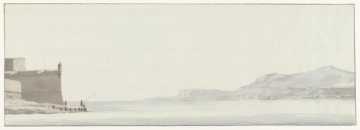 Gezicht op de kust van Calabrië vanaf het uiterste punt van de vesting Messina Pohled na pobřeží Kalábrie z vnějšího rohu citadely Messina (název na objektu) Cesty po Itálii, Sicílii a Maltě - 1778 (název série) od Louis Ducros