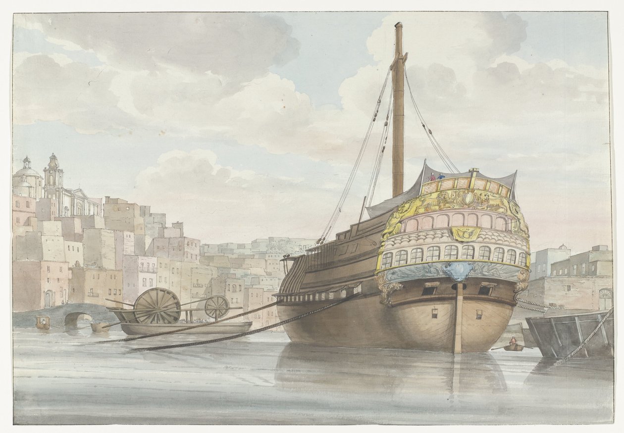 Gezicht op have meet galei schip vlakbij de werf Pohled na dno Port des Galères v Malthe, převzato z místa (název na objektu) Cesty po Itálii, Sicílii a Maltě - 1778 (název série) od Louis Ducros