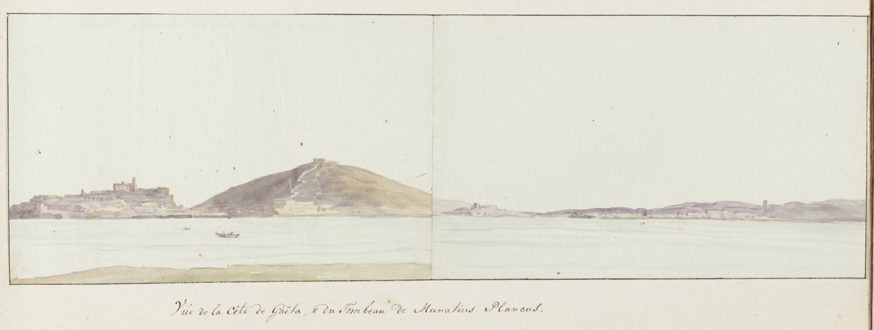 Gezicht op kust van Gaeta a mauzoleum van Munatius Plancus (Lucio Munazio Planco) Vue de la côte de Gaëta a du Tombeau de Munatius Plancus (název na objektu) Voyage en Italie, en Sicile et à Malte - 1778 (název série) od Louis Ducros