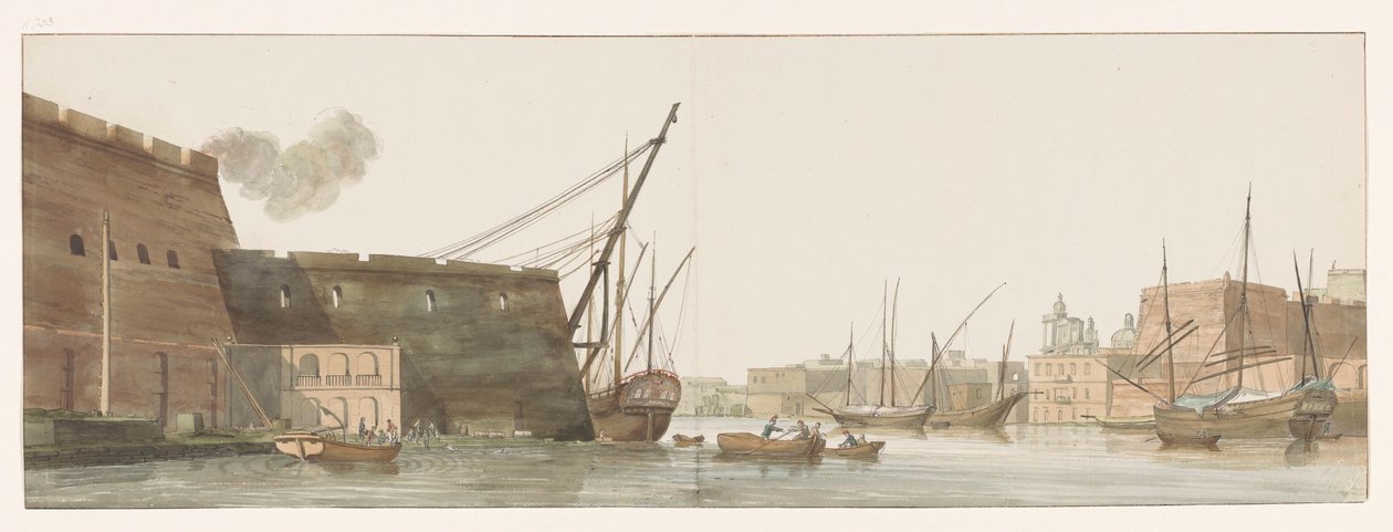 Gezicht op werf in Haven van galei schepen te Malta Pohled na loděnici v přístavu Galleys na Maltě (název na objektu) Cesty po Itálii, Sicílii a Maltě - 1778 (název série) od Louis Ducros