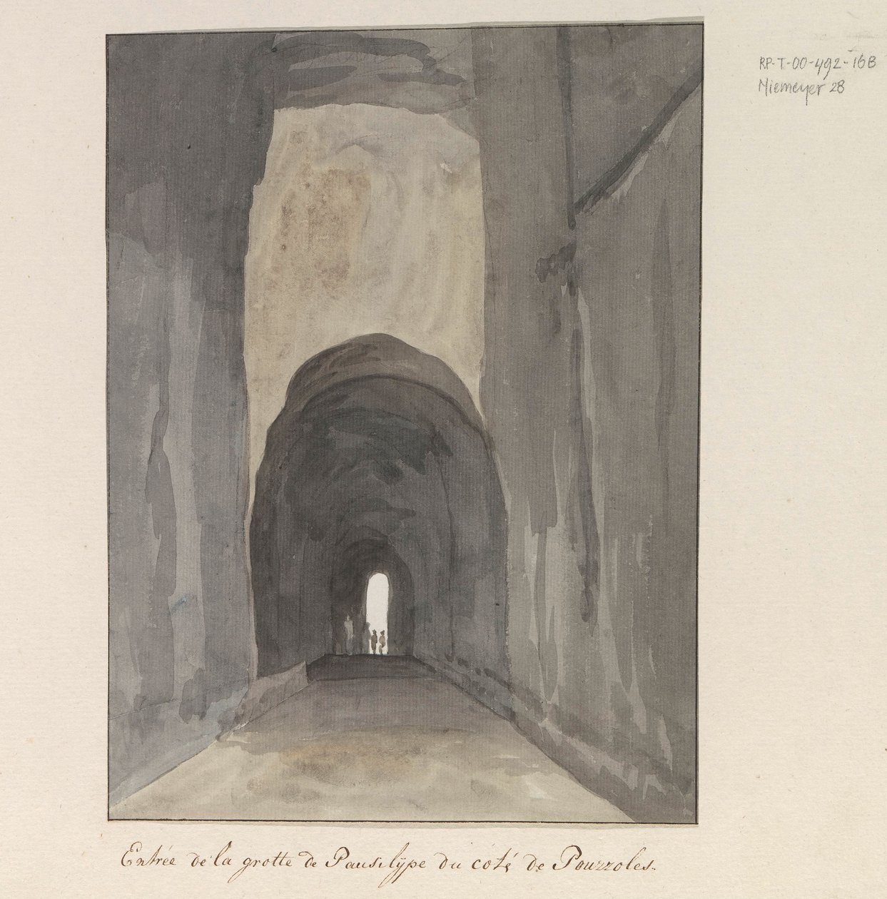 Ingang van grot Crypta Neapolitana (z Grotta di Posillipo) a an de kust van Pozzuoli Vchod do jeskyně Pausilype poblíž Pozzuoli (název na objektu) Cesty po Itálii, Sicílii a Maltě - 1778 (název série) od Louis Ducros