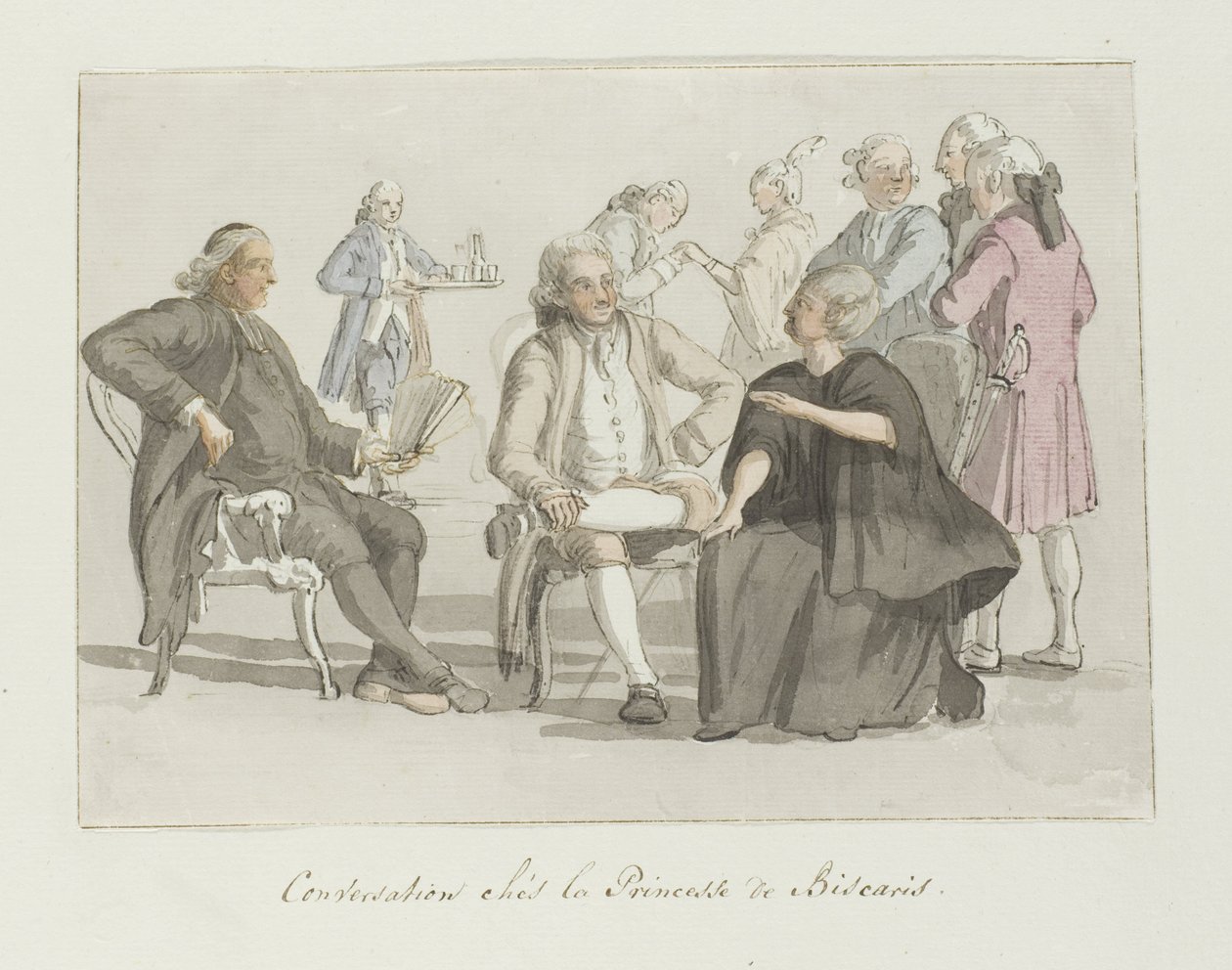 Členové turistické skupiny v rozhovoru s princeznou z Biscaris Conversation chés la Princesse de Biscaris (název na objektu) Voyage en Italy a Sicile et à Malte - 1778 (název série) od Louis Ducros