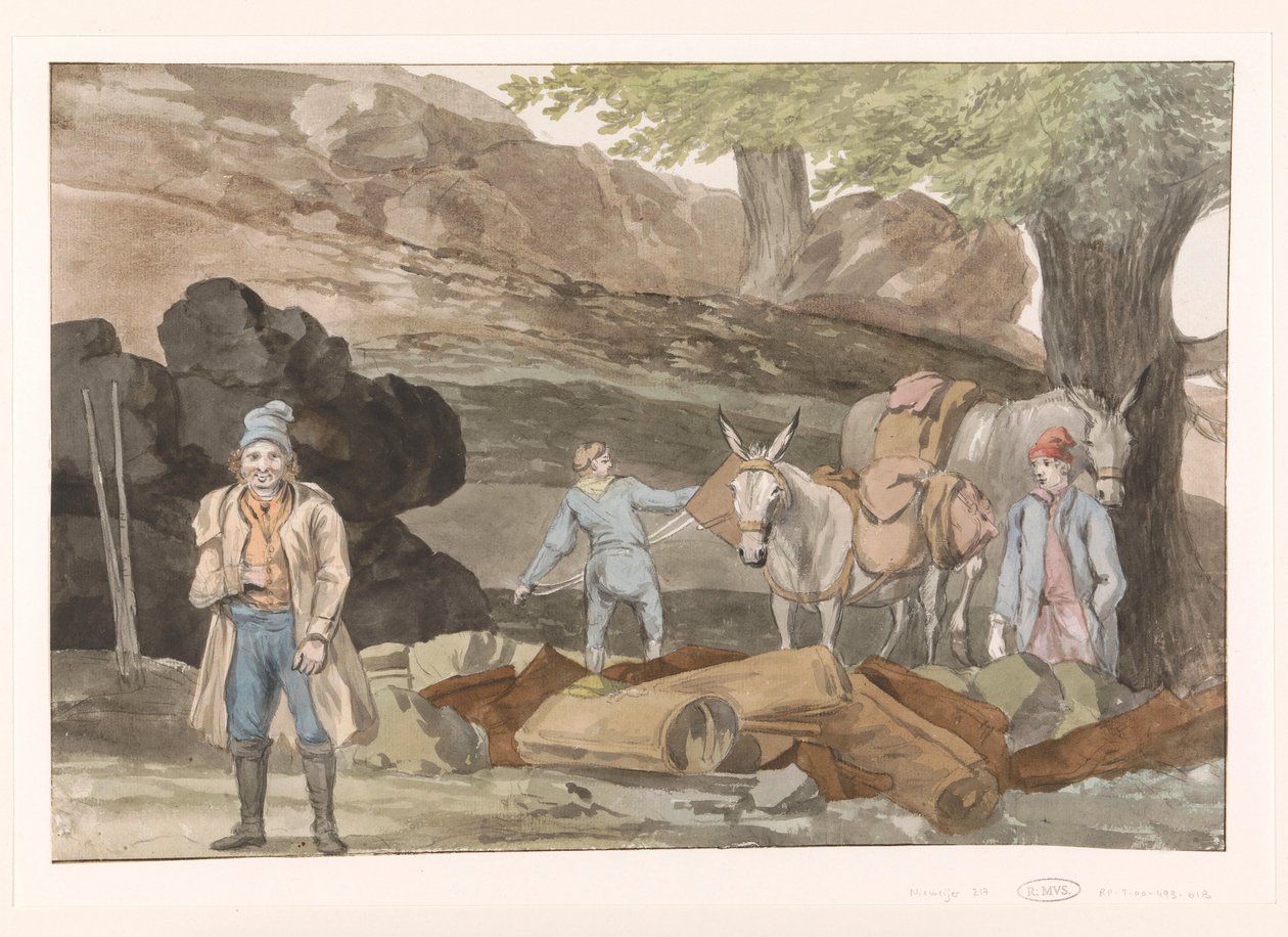 Oponthoud bij de Grotte delle Capre aan de grens bij Nemorosa en Fredda Zastávka u jeskyně delle Capre na hranicích dvou regionů Nemorosa & Fredda (název na objektu) Cesty po Itálii, Sicílii a Maltě - 1778 (název série) od Louis Ducros