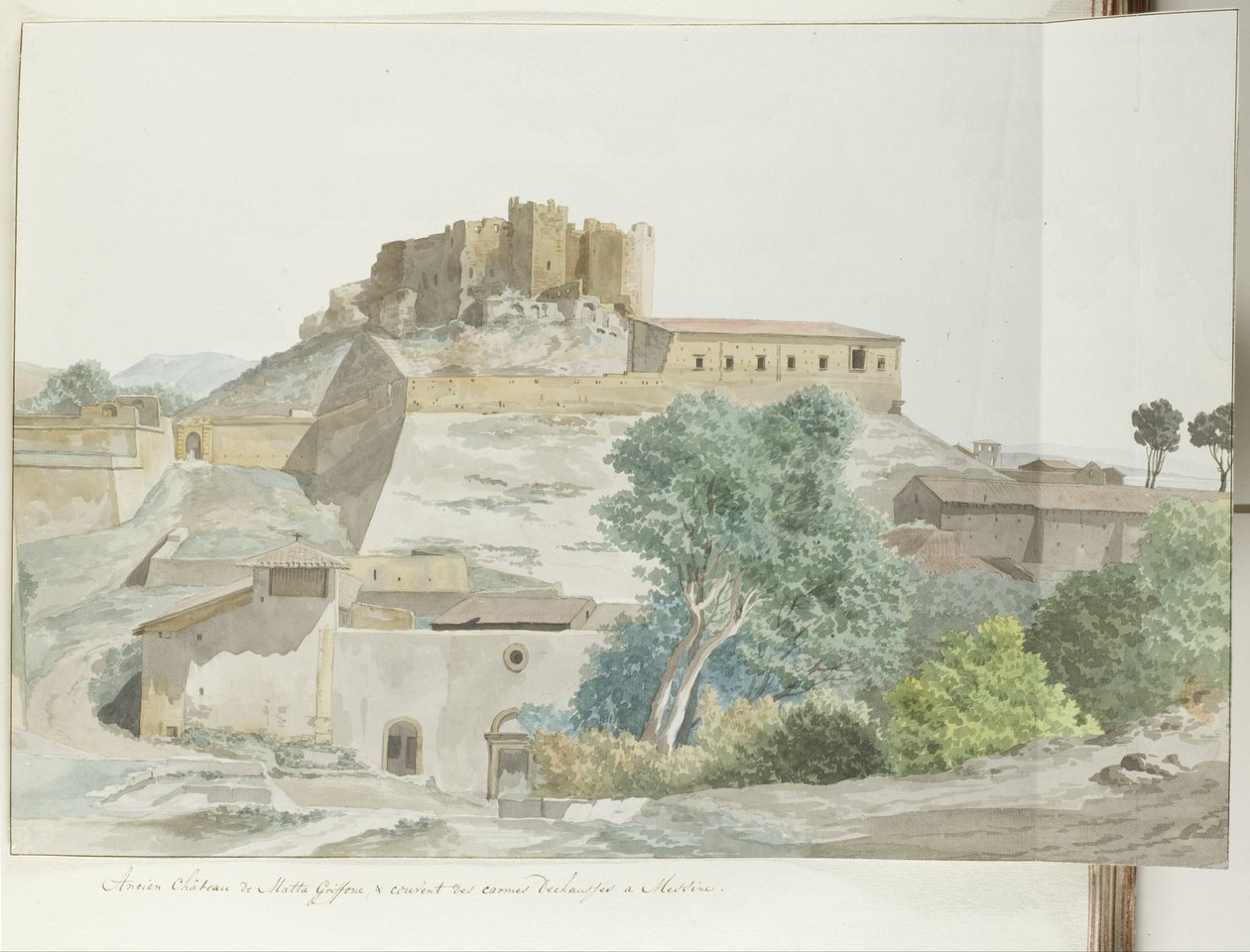 Oude kasteel van Mata en Grifone en het karmelieten klooster, grondvesten van Messina Bývalý hrad Matta Griffone a klášter bosých karmelitánů v Messině (název na předmětu) Cesty po Itálii, Sicílii a Maltě - 1778 (název série) od Louis Ducros