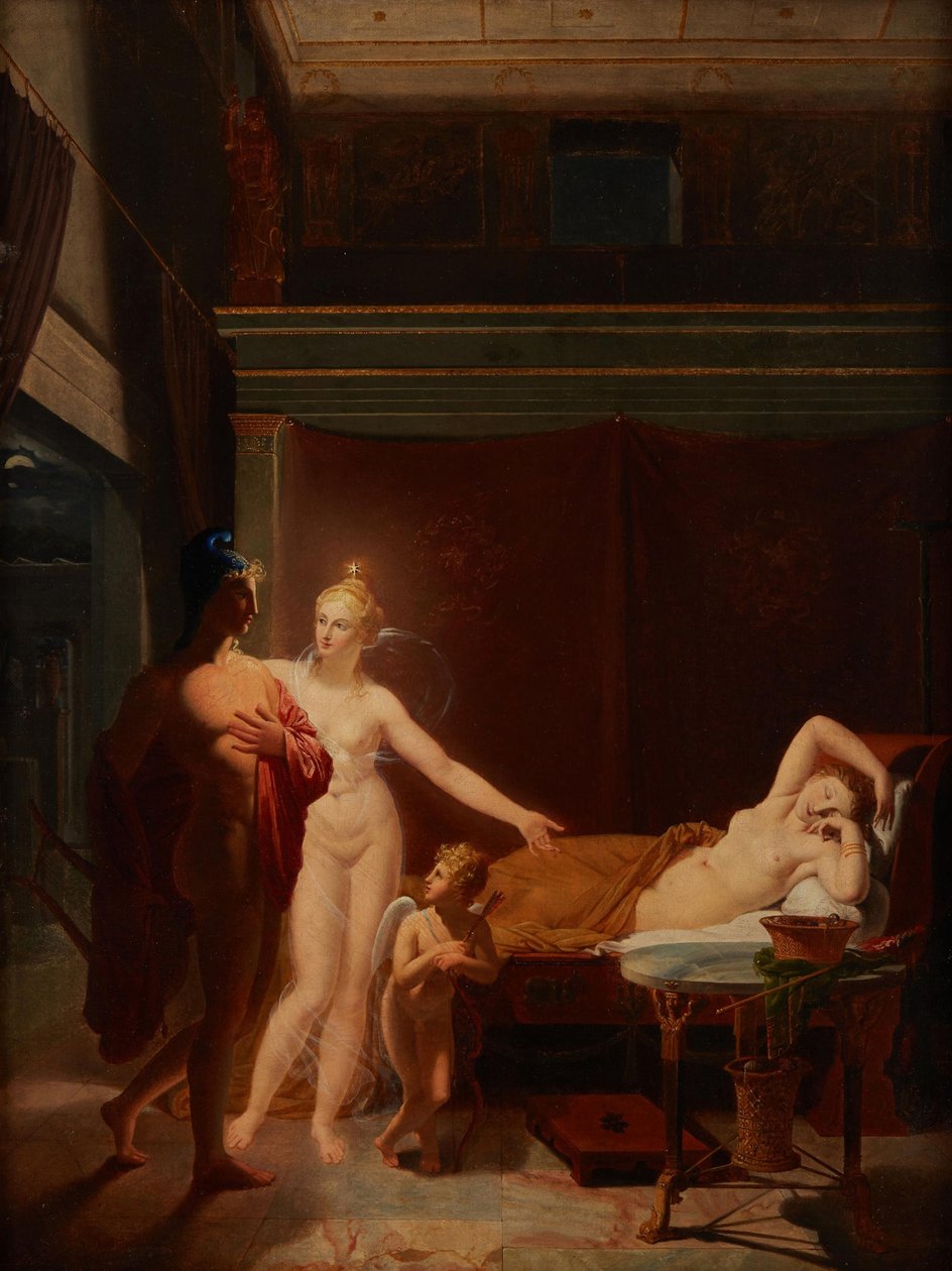 Paris a Helen Venus a Amor eskortují Paříž do Heleniny postele, 1800. od Louis Ducros