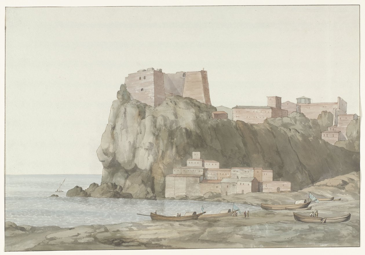 Říhání ve městě Scilla v regionu Calabrië aan de westkust Rock & Town of Scilla v Kalábrii; pohled pořízený ze strany západu slunce (nadpis na objektu) Cesty po Itálii, Sicílii a Maltě - 1778 (název série) od Louis Ducros