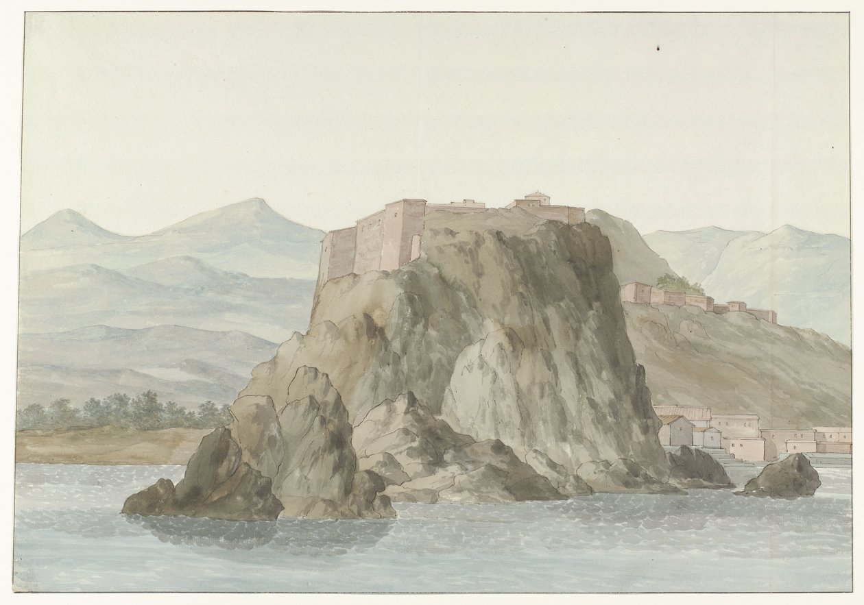 Skála a město Scilla v regionu Kalábrie při pohledu od moře na severní straně Rocher & Ville de Scilla a Calabre; vue prize en mer, du côté du Nord (název na objektu) Voyage en Italy a Sicile et à Malte - 1778 (název série) od Louis Ducros