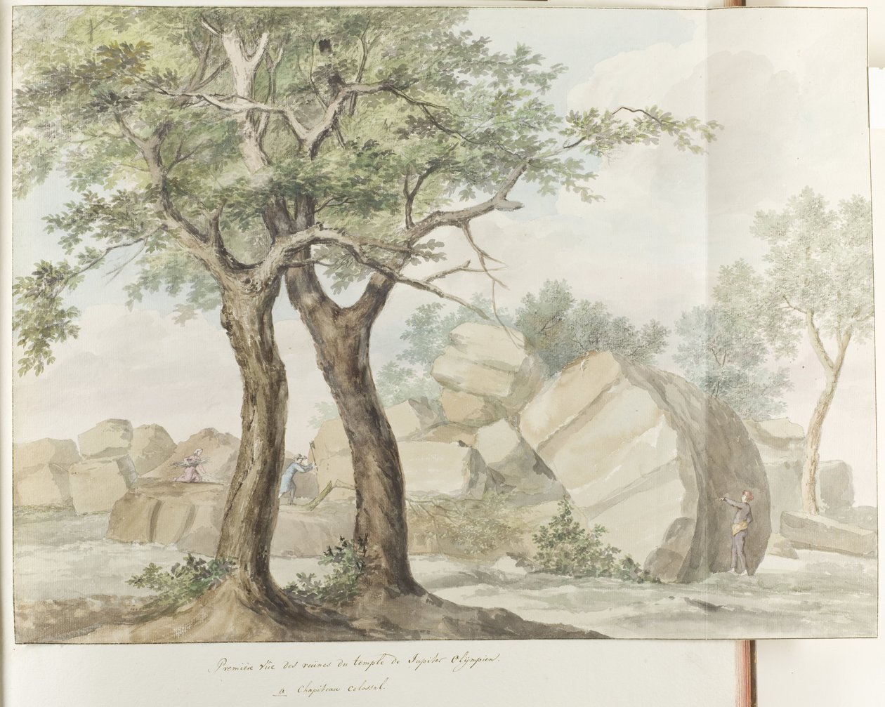 Chrám Ruïne van Zeus Olympus v Oude Agrigento První pohled na ruiny chrámu Olympského Jupitera (název na objektu) Cesty po Itálii, Sicílii a Maltě - 1778 (název série) od Louis Ducros