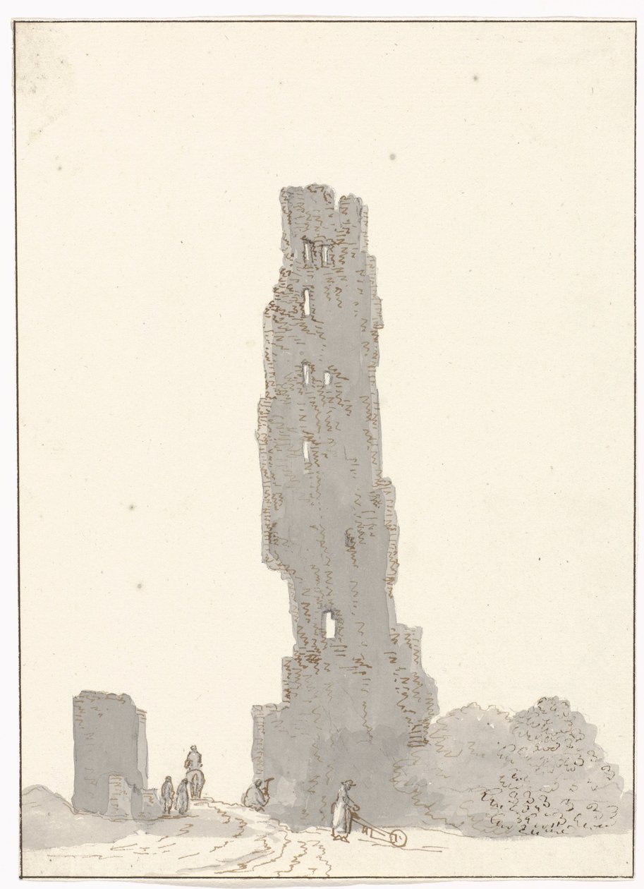 Ruïne van toren langs de grote weg tussen Terracina en Fondi Torre delle sette facciate na hlavní silnici mezi Terracinou a Fondi (název na objektu) Cesty po Itálii, Sicílii a Maltě - 1778 (název série) od Louis Ducros