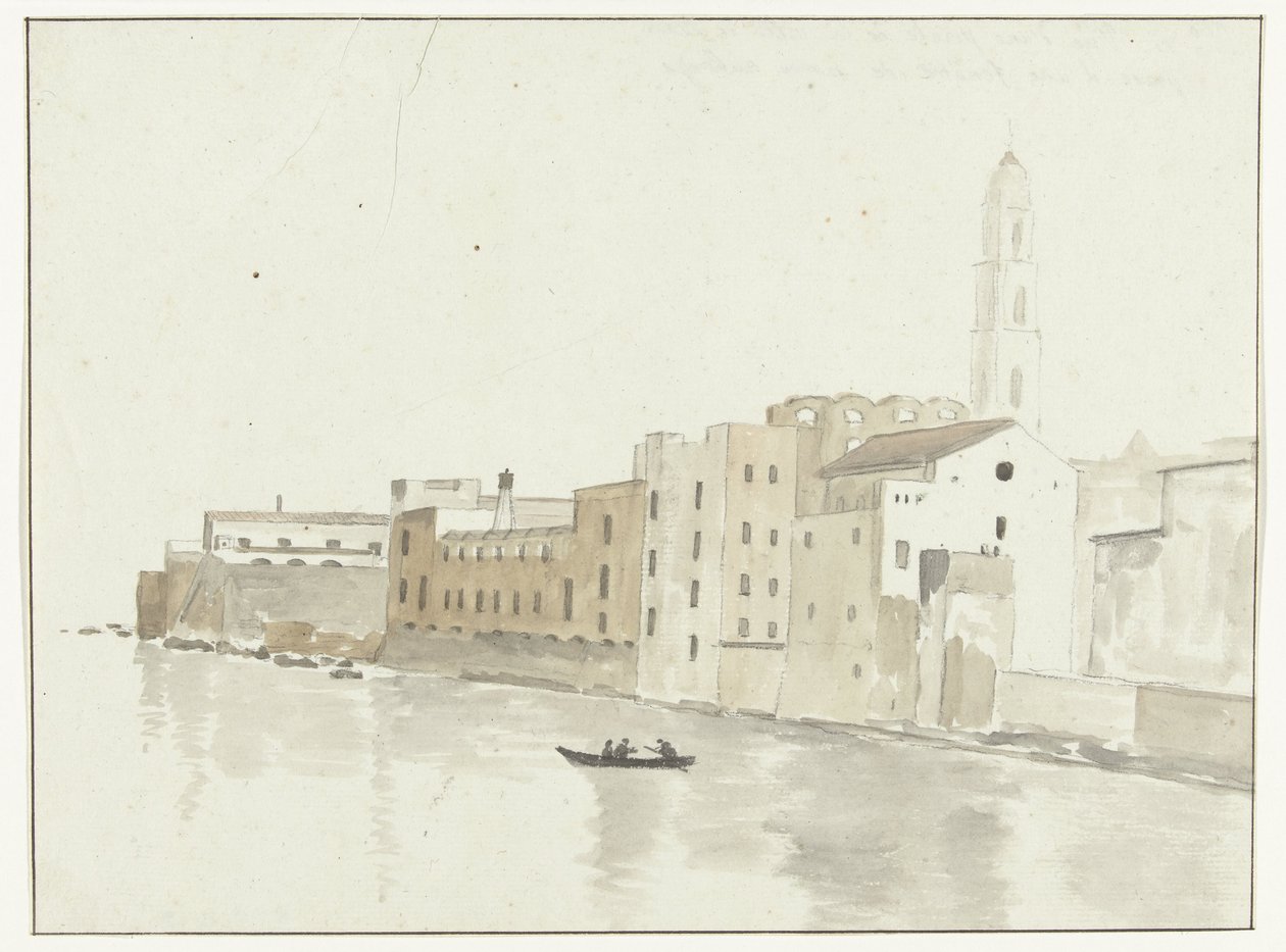Stadsgezicht in Bari vanuit een raam in de herberg Pohled na bod města Bari z okna našeho hostelu (název na objektu) Cesty po Itálii, Sicílii a Maltě - 1778 (název série) od Louis Ducros