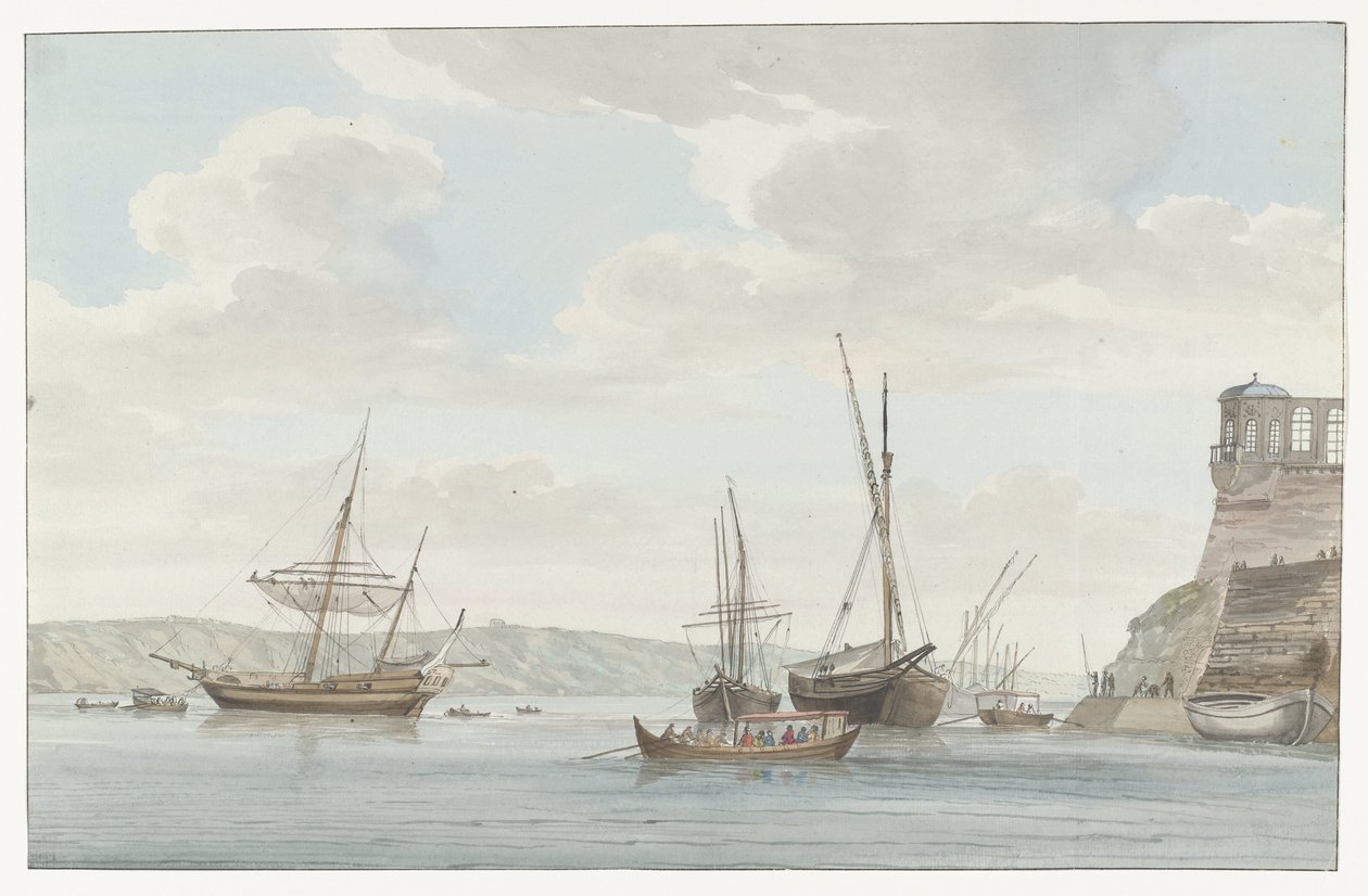 Tuinhuis van de Jardin du Grand Master uittorend boven de Haven se setkal s galei schepen op Malta Pavillon du Jardin du Grand-Maître, naproti Port des Galères v Malthe (název na objektu) Cesty po Itálii, Sicílii a Maltě - 1778 (název série) od Louis Ducros