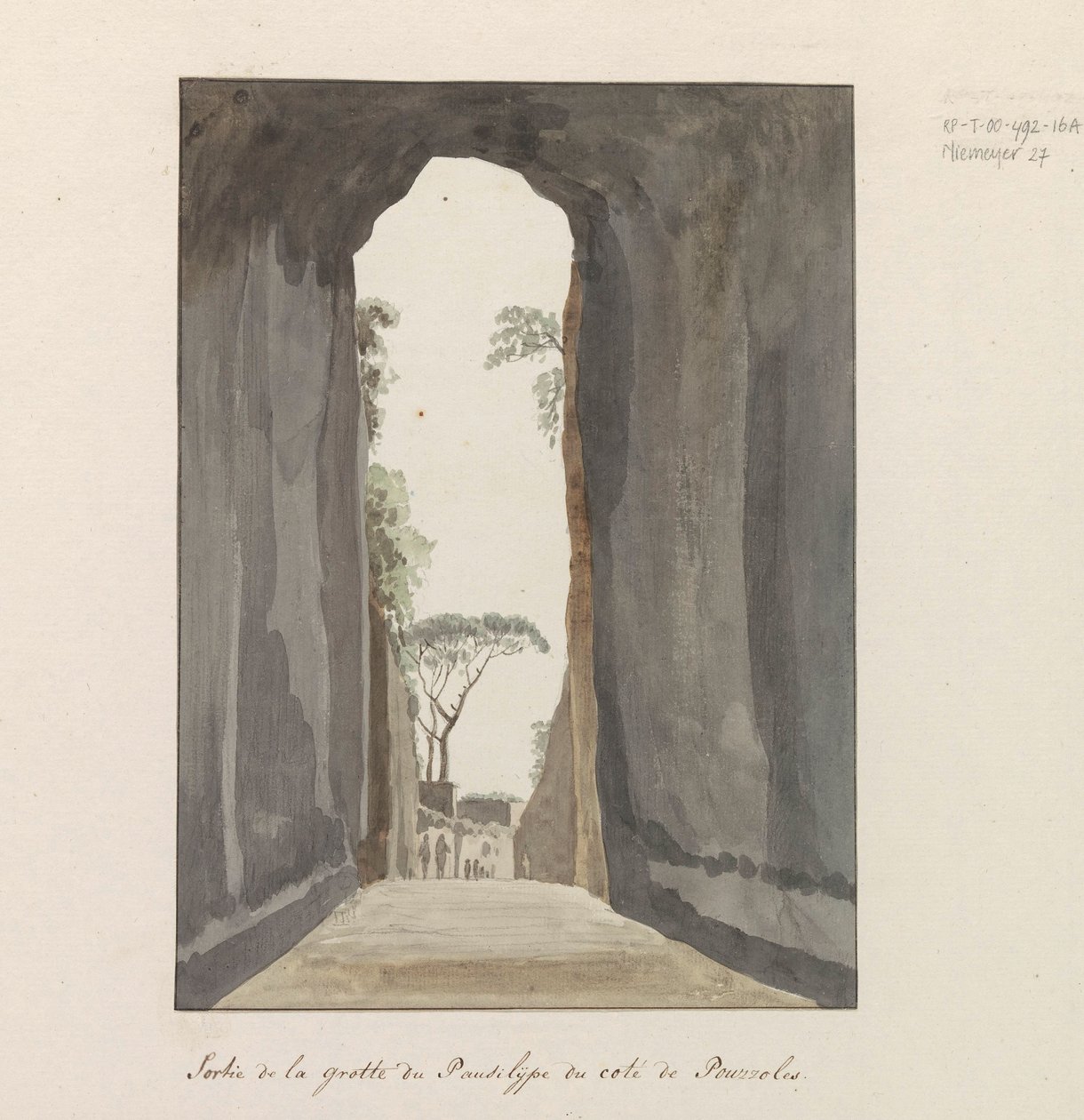 Uitgang van grot Crypta Neapolitana (z Grotta di Posillipo) a an de kust van Pozzuoli Výstup z jeskyně Pausilype poblíž Pozzuoli (název na objektu) Cesty po Itálii, Sicílii a Maltě - 1778 (název série) od Louis Ducros