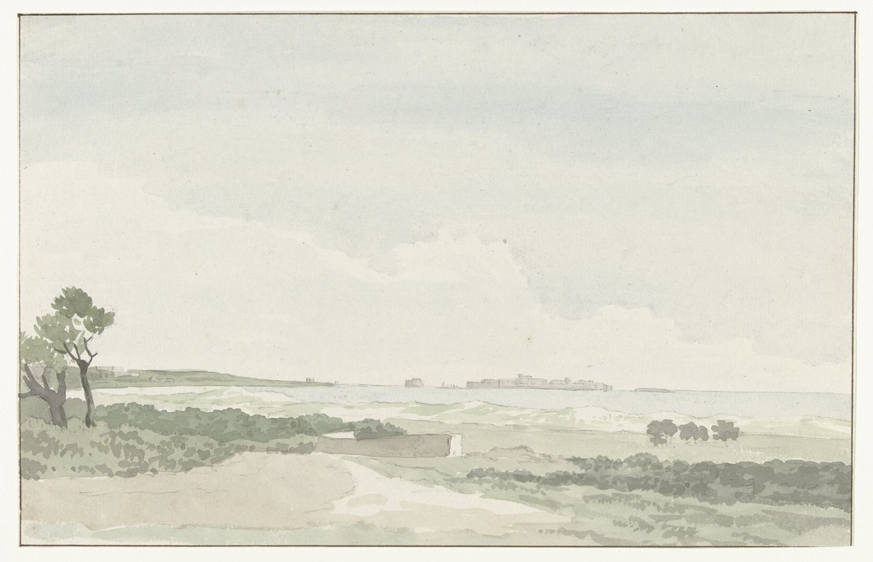 Vergezicht se setkal s městem Gallipoli Pohled do dálky na město Gallipoli (titul na objektu) Cesty po Itálii, Sicílii a Maltě - 1778 (název série) od Louis Ducros