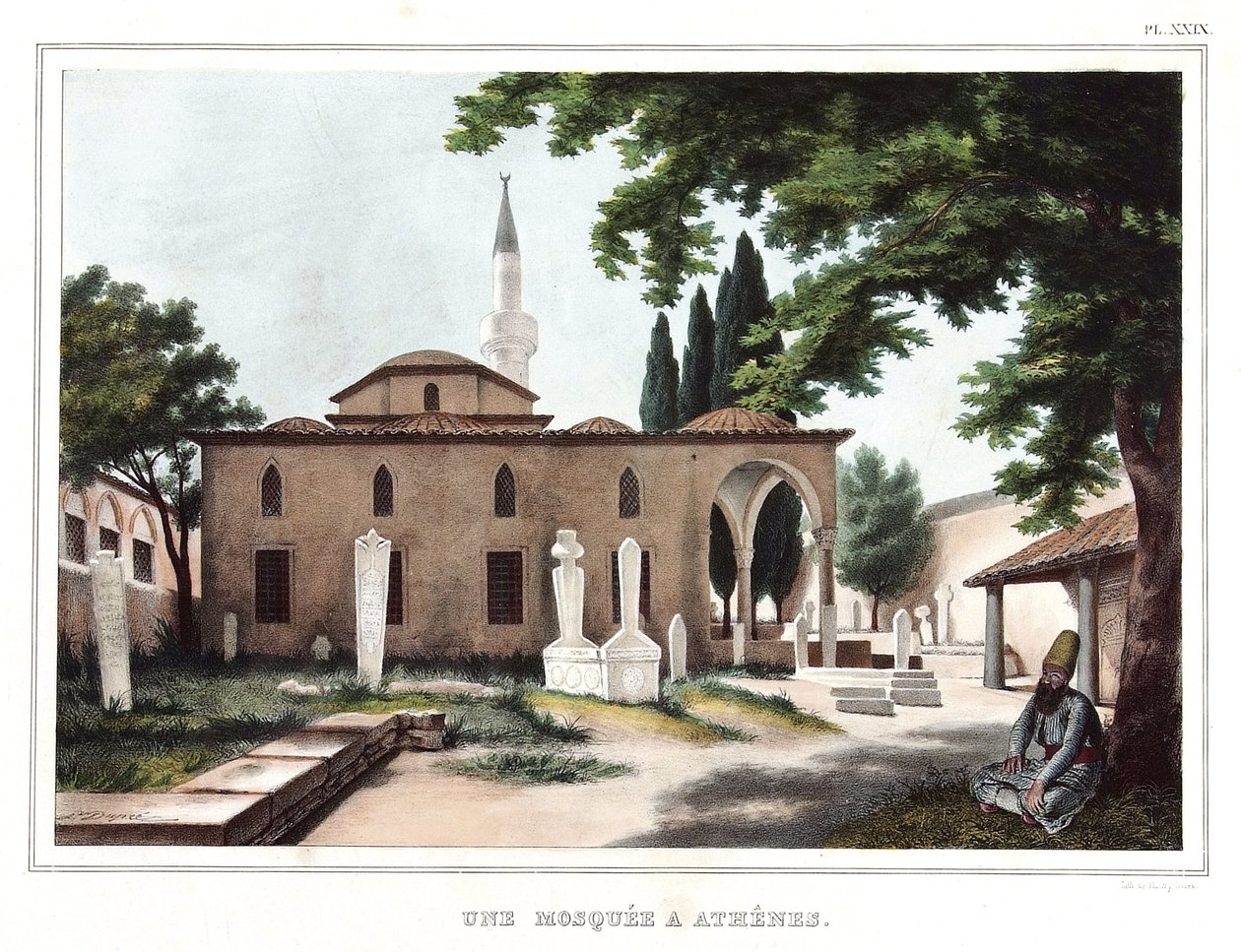 Mešita v Athénách. v „“ Cesta do Athén a Konstantinopole nebo sbírka řeckých a osmanských portrétů, pohledů a kostýmů, namalovaných na místech přírody, litografie a barvy od Louise Dupreho (1789-1837), žáka Davida. 1825. od Louis Dupré