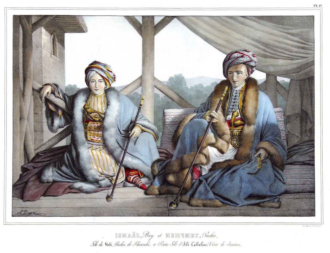 Ismael, Bey a Mehemet Pasha, syn Veliho, paša z Thesálie a vnuk Aliho Tebelena (1741-1822), vezíra Janiny, v „“ Putování do Athén a Konstantinopole, neboli sbírce řeckých a osmanských portrétů, pohledů a kostýmů, malované na místech natu od Louis Dupré