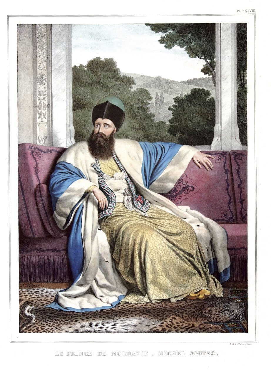 Moldavský princ Michael Soutzo (1729-1830). v „“ Cesta do Athén a Konstantinopole, neboli sbírka řeckých a osmanských portrétů, pohledů a kostýmů, namalovaných na místech přírody, litografie a barvy od Louise Dupreho (1789-1837), žáka Dav od Louis Dupré