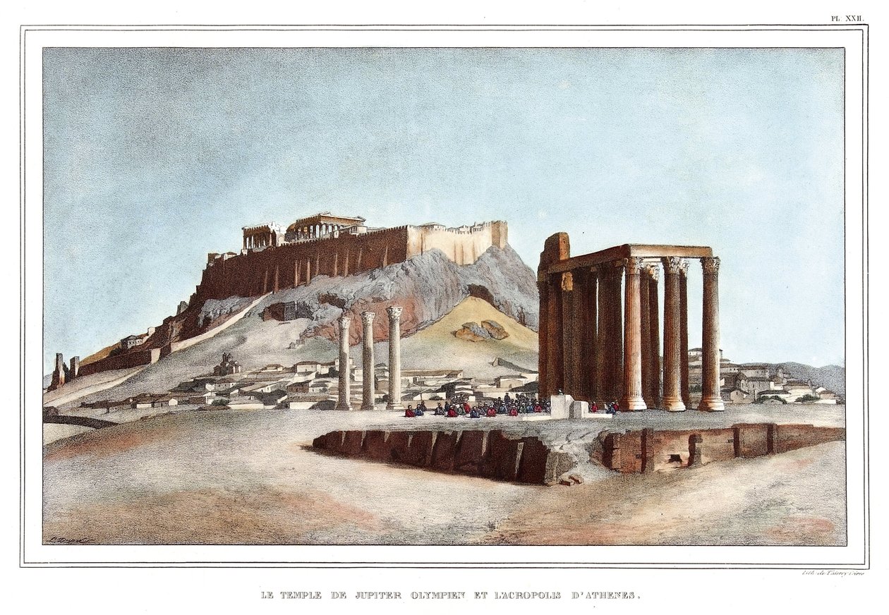 Chrám Olympského Jupitera a Akropole v Athénách. v „“ Cesta do Athén a Konstantinopole, neboli sbírka řeckých a osmanských portrétů, pohledů a kostýmů, namalovaných na místech přírody, litografie a barvy Louis Dupre (1789-1837), pu od Louis Dupré