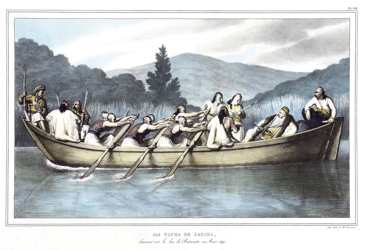 Ali Pasha de Janina (1741-1822), lov na jezeře Butrinto v březnu 1819. v „“ Cesta do Athén a Konstantinopole, nebo sbírka řeckých a osmanských portrétů, pohledů a kostýmů, namalovaných na místech po přírodě, litografie a barvy od Louise Dupre od Louis Dupré