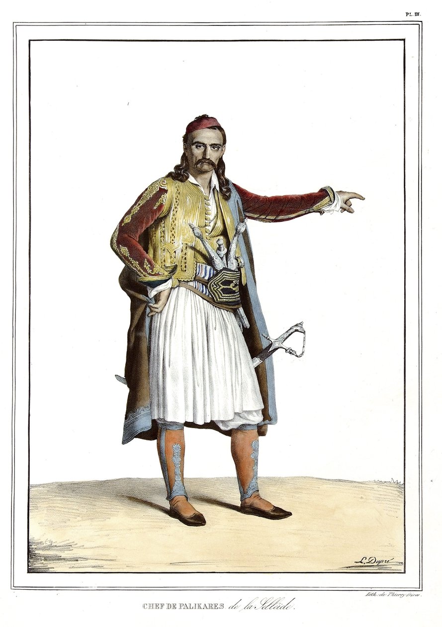 Šéfkuchař Palikares de la Scllade, v „“ Cesta do Athén a Konstantinopole, neboli sbírka řeckých a osmanských portrétů, pohledů a kostýmů, namalovaných na místech po přírodě, litografie a barvy od Louise Dupreho (1789-1837), žáka Davida. 1825. od Louis Dupré