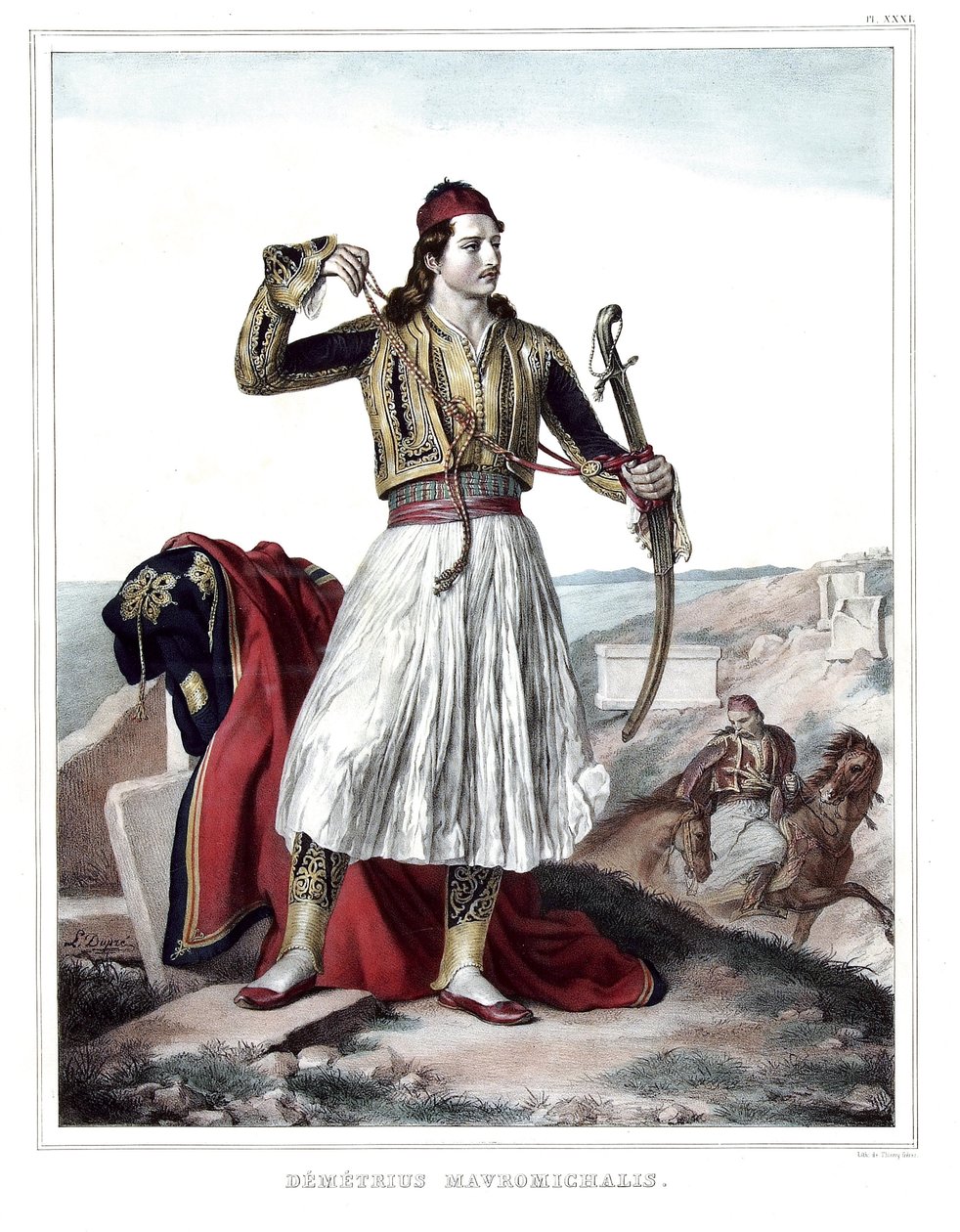 Demetrius Mavromichalis , řecký voják a vlastenec. v „“ Cesta do Athén a Konstantinopole, neboli sbírka řeckých a osmanských portrétů, pohledů a kostýmů, namalovaných na místech přírody, litografie a barvy od Louise Dupreho (1789-1837), žáka Da od Louis Dupré
