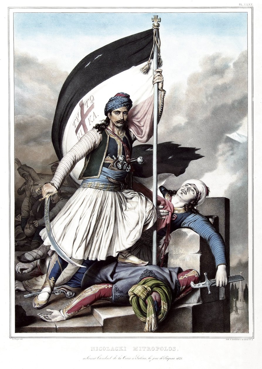 Nikolacki Nitropolos, na sobě standarta kříže v pevnosti Salona převzatá z Osmanské říše, velikonoční den 1821. v „“ Cesta do Athén a Konstantinopole, nebo sbírka řeckých a osmanských portrétů, pohledů a kostýmů, namalovaných na od Louis Dupré