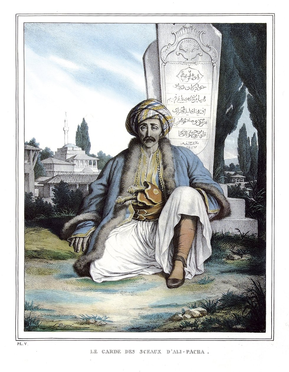 Strážce pečetí Ali Pasha de Janina (1741-1822), v „“ Plavba po Athénách a Konstantinopoli, neboli sbírka řeckých a osmanských portrétů, pohledů a kostýmů, namalovaných na místech přírody, litografie a barvy od Louise Dupreho (1789-1837) pu od Louis Dupré