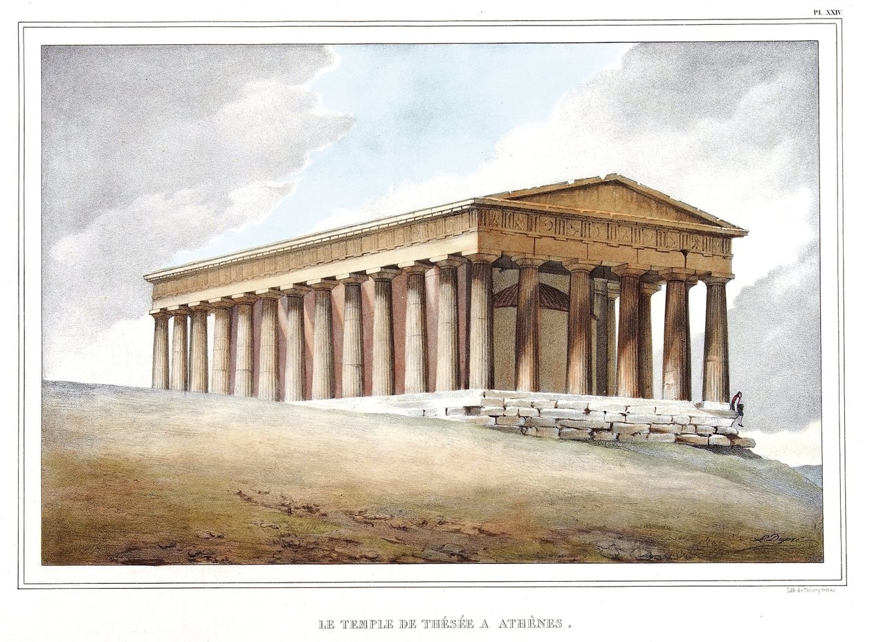 Chrám Thesee a Athenes. v „“ Cesta do Athén a Konstantinopole nebo sbírka řeckých a osmanských portrétů, pohledů a kostýmů, namalovaných na místech přírody, litografie a barvy od Louise Dupreho (1789-1837), žáka Davida. 1825. od Louis Dupré