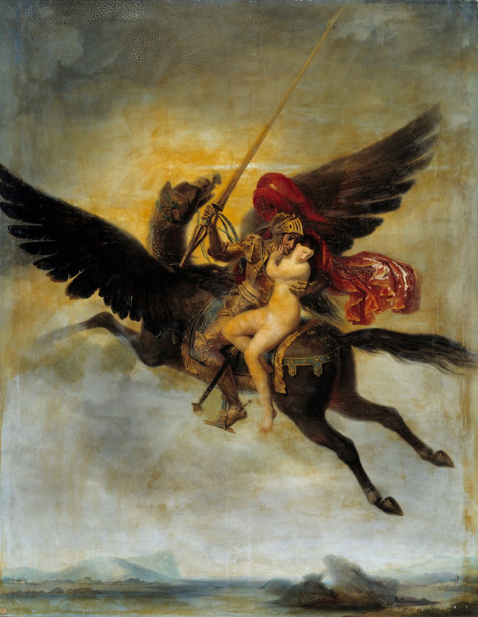 Roger delivant Angelique Angelique dodaná netvorovi piráty je propuštěna Rogerem na hrochovi. Ilustrace pro „“Le Roland Furieux““ (Orlando Furioso) od Ludovica Ariosta (Ariosto). Obraz Louis Edouard Rioult (1790-1855) 1824 Ne. 2 od Louis Edouard Rioult