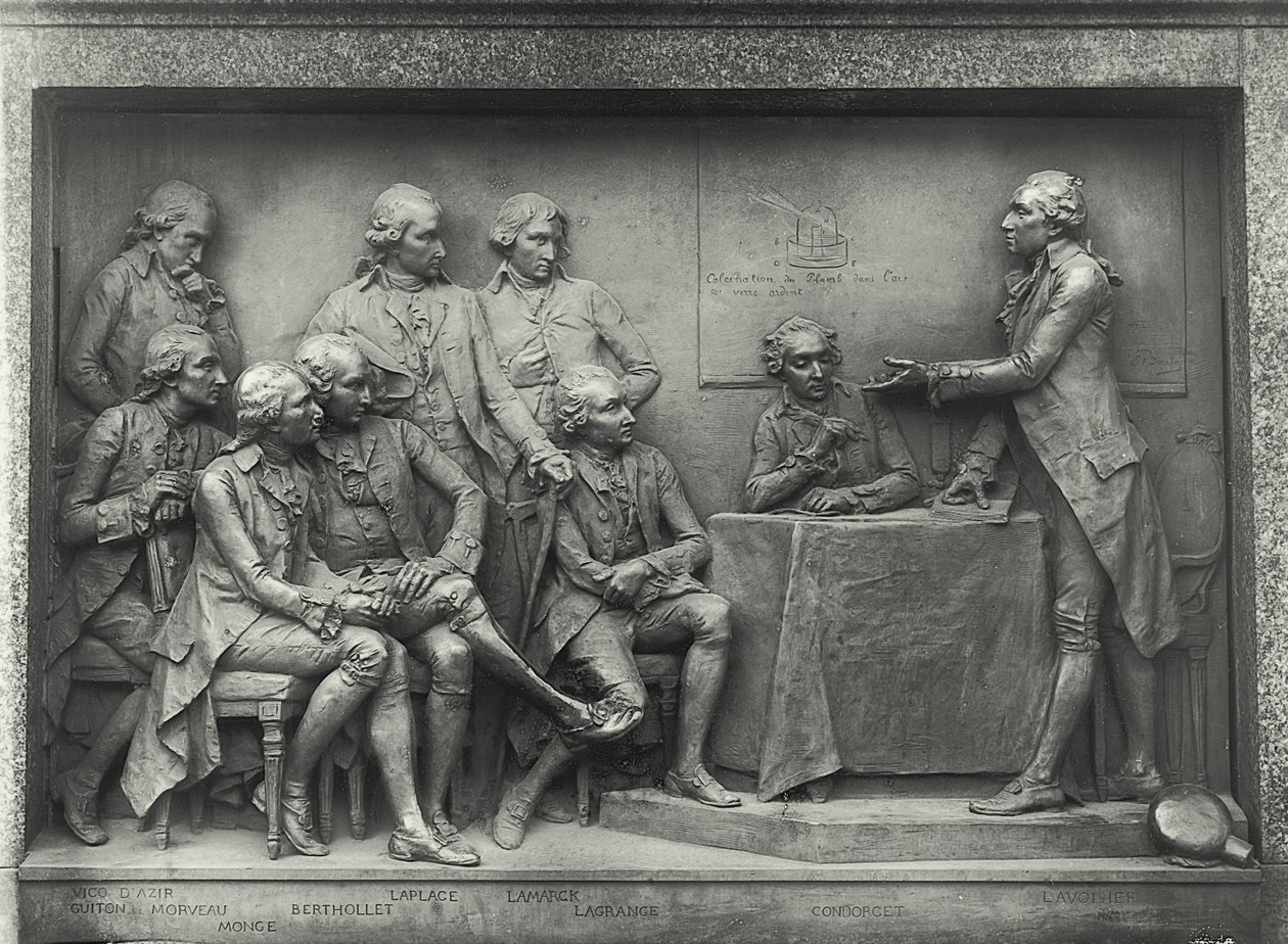 Antoine Laurent Lavoisier (1743-94) vysvětluje svou analýzu vzduchu svým kolegům (bronz) (č/b foto) od Louis Ernest Barrias