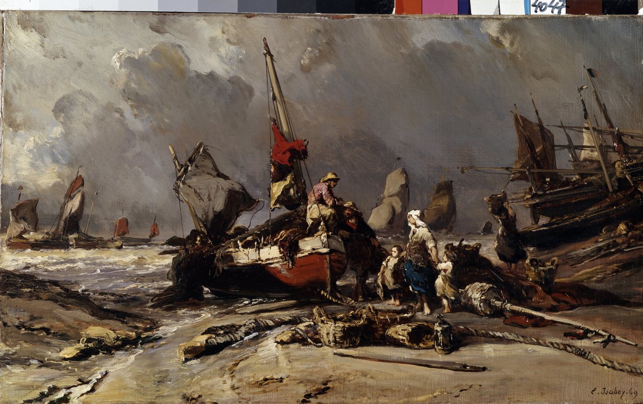 ""After the storm"" (After the storm) Rybář najde svou rodinu po bouři. Obraz Louise Gabriela Eugene Isabey (1803-1886) 1869 Rozměr 36,5x60 cm Muzeum Ermitáž, Petrohrad od Louis Eugene Gabriel Isabey