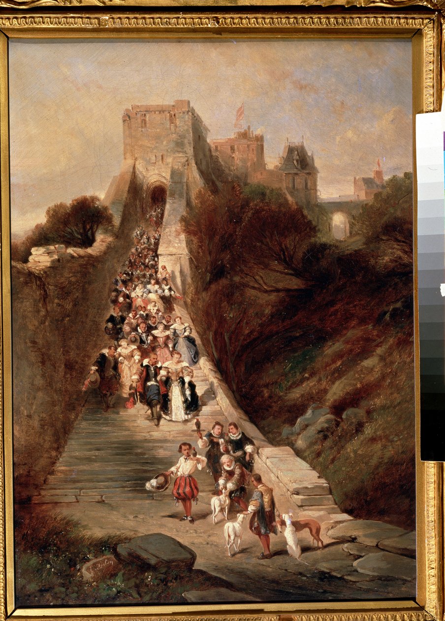 "Odcházení z hradu" (Odcházení z hradu) Skupina pánů a dam ze 17. století sestupuje po velkém vstupním schodišti zámku. Obraz Louise Gabriela Eugene Isabey (1803-1886) Puškinovo muzeum z 19. století, Moskva od Louis Eugene Gabriel Isabey